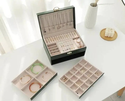 3 Layer Large Jewelry Storage Case, PU Leather Jewellery Organizer Holder with Lock Removable Ring and Earring Organizer for Necklace - JettsJewelers