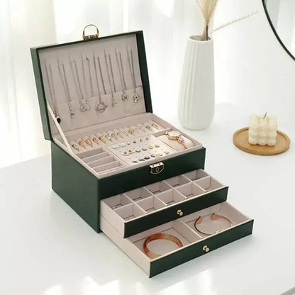 3 Layer Large Jewelry Storage Case, PU Leather Jewellery Organizer Holder with Lock Removable Ring and Earring Organizer for Necklace - JettsJewelers