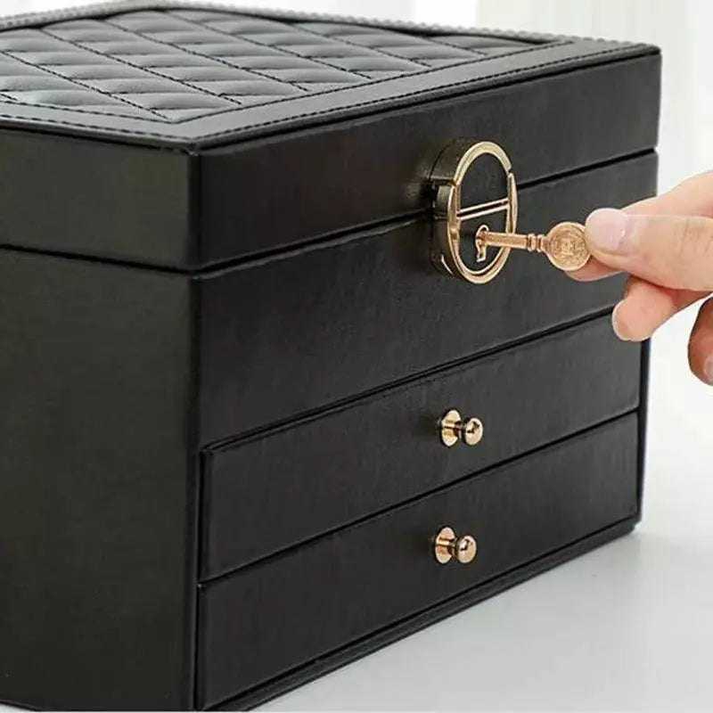 3 Layer Large Jewelry Storage Case, PU Leather Jewellery Organizer Holder with Lock Removable Ring and Earring Organizer for Necklace - JettsJewelers