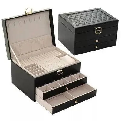 3 Layer Large Jewelry Storage Case, PU Leather Jewellery Organizer Holder with Lock Removable Ring and Earring Organizer for Necklace - JettsJewelers