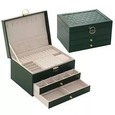 3 Layer Large Jewelry Storage Case, PU Leather Jewellery Organizer Holder with Lock Removable Ring and Earring Organizer for Necklace - JettsJewelers
