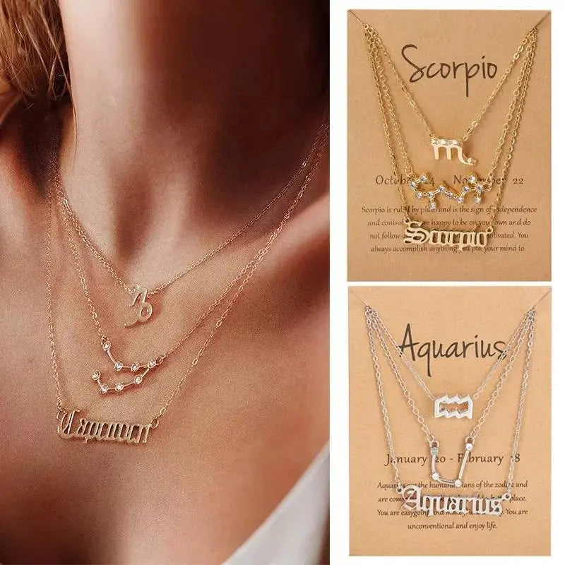3Pcs Constellation Zodiac Layer Necklaces for Women Girls, Retro 14K Gold Plated 12 Constellation Pendant Necklace Exquisite Constellation - JettsJewelers