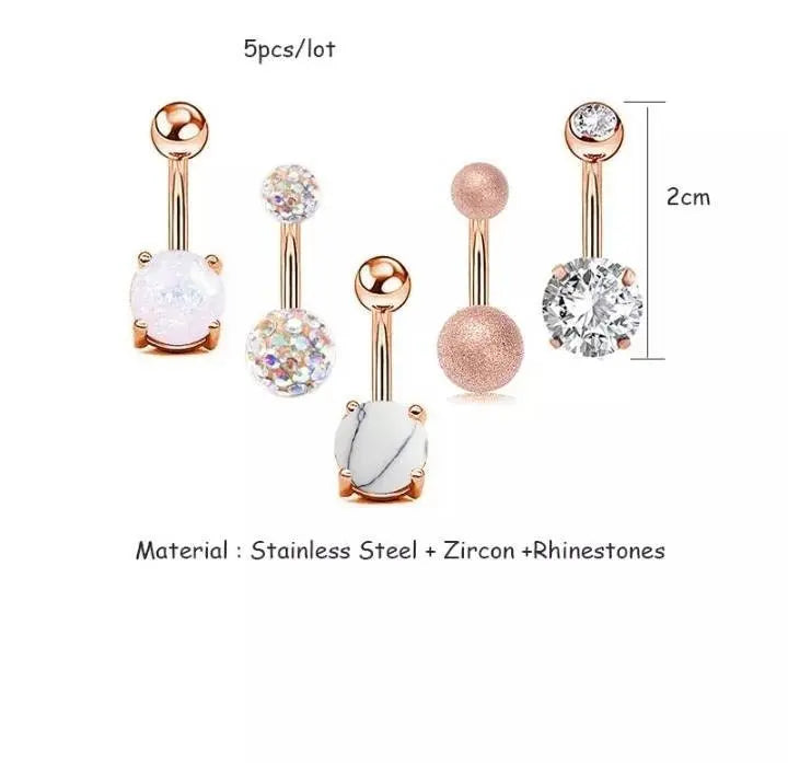 5 pieces Belly Button Rings Stainless Steel 14G CZ Opal Navel Rings Barbells Women Girls Belly Piercing Jewelry JettsJewelers