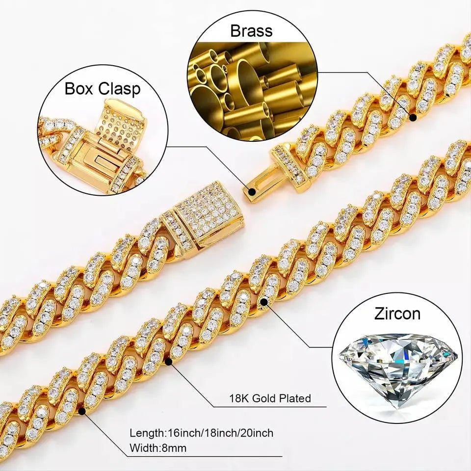 6/8mm Iced Out Chain Cuban Link Diamond Chain Necklace 18k Gold/White/Rose Gold Plated Miami Bling Drip Chains and Bracelets Rappers Choker JettsJewelers
