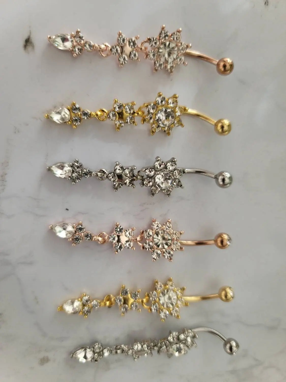 6 pc Belly Piercings Gold, Rose Gold and Silver Flower Belly Ring, Belly Dancing jewelry, surgical steel Dangle, Drill dangle - JettsJewelers