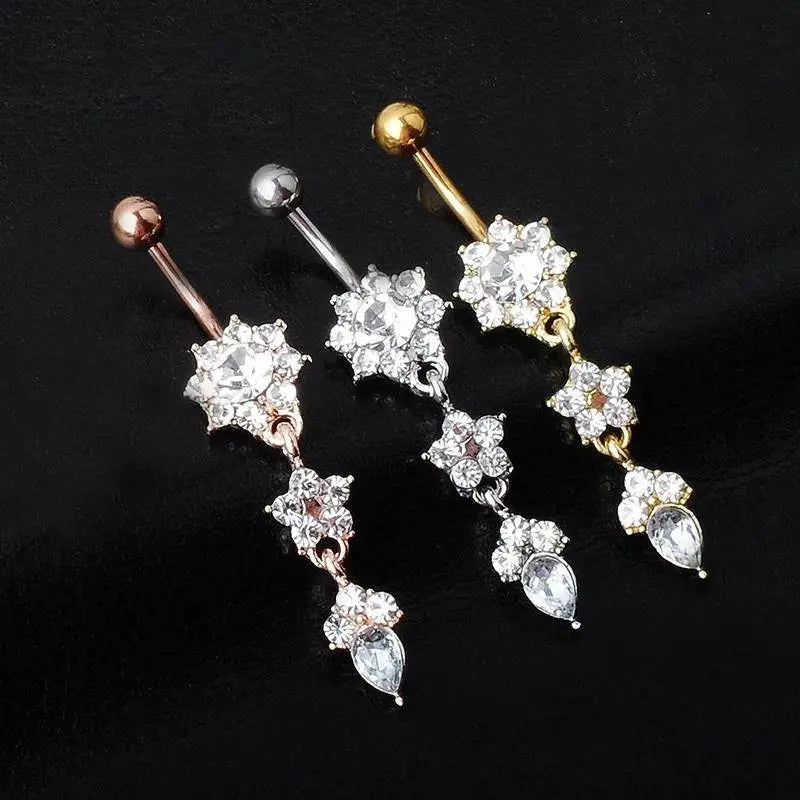 6 pc Belly Piercings Gold, Rose Gold and Silver Flower Belly Ring, Belly Dancing jewelry, surgical steel Dangle, Drill dangle - JettsJewelers