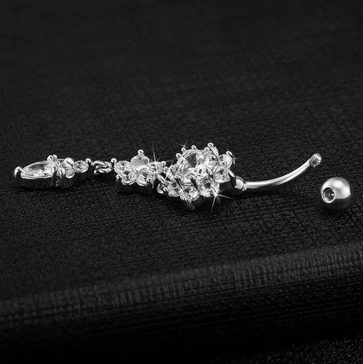 6 pc Silver Flower Belly Ring, Belly Dancing jewelry, surgical steel Dangle, Gift for her, Sexy Belly Ring - JettsJewelers