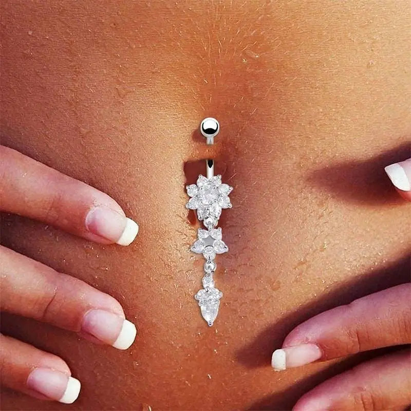 6 pc Silver Flower Belly Ring, Belly Dancing jewelry, surgical steel Dangle, Gift for her, Sexy Belly Ring JettsJewelers