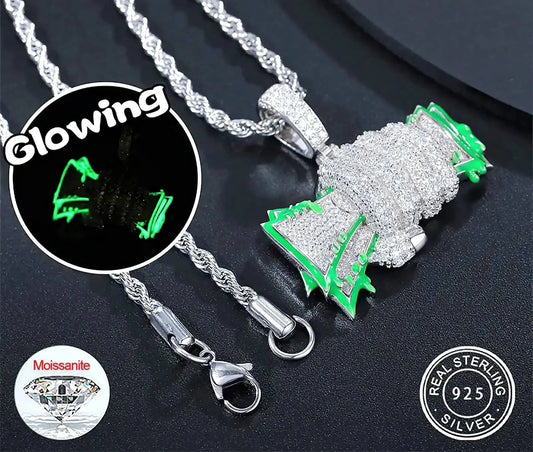 925 Sterling Silver Moissanite Diamond Glowing Money Fist Dollar Diamond Pendant Only Bling Drip JettsJewelers