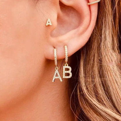 925 Sterling Silver Post 14K Gold Plated Dainty Cute Hypoallergenic Small Dangle Hoop Cubic Zirconia Initial Earrings Jewelry Gift for Women