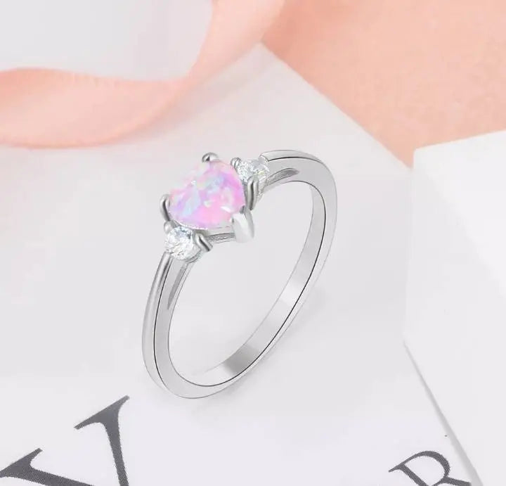 925 Sterling Silver Ring Rose Tone Rhodium PL Heart Shape Opal and Clear CZ Accent