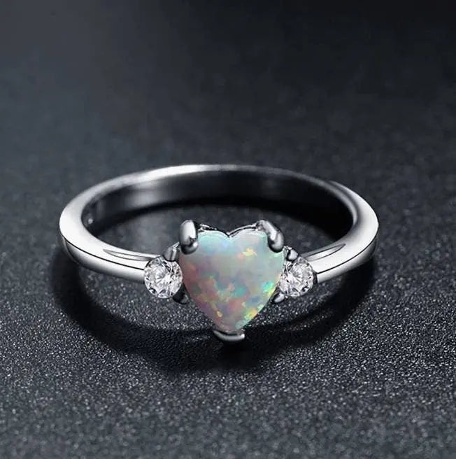 925 Sterling Silver Ring Rose Tone Rhodium PL Heart Shape Opal and Clear CZ Accent