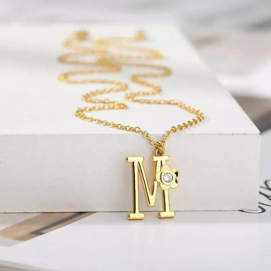 A-Z Gold Letter Necklace With Crystal Flower Girls | Gold Initial Letter Pendant Necklaces for Women - JettsJewelers