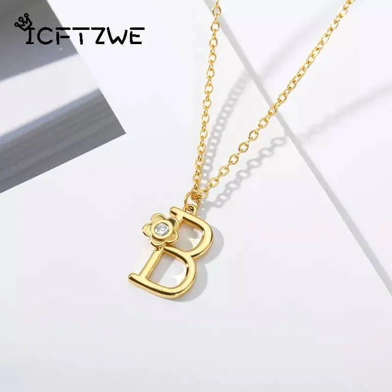 A-Z Gold Letter Necklace With Crystal Flower Girls | Gold Initial Letter Pendant Necklaces for Women - JettsJewelers
