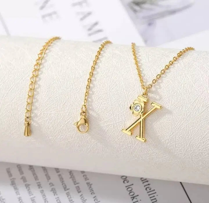 A-Z Gold Letter Necklace With Crystal Flower Girls | Gold Initial Letter Pendant Necklaces for Women - JettsJewelers