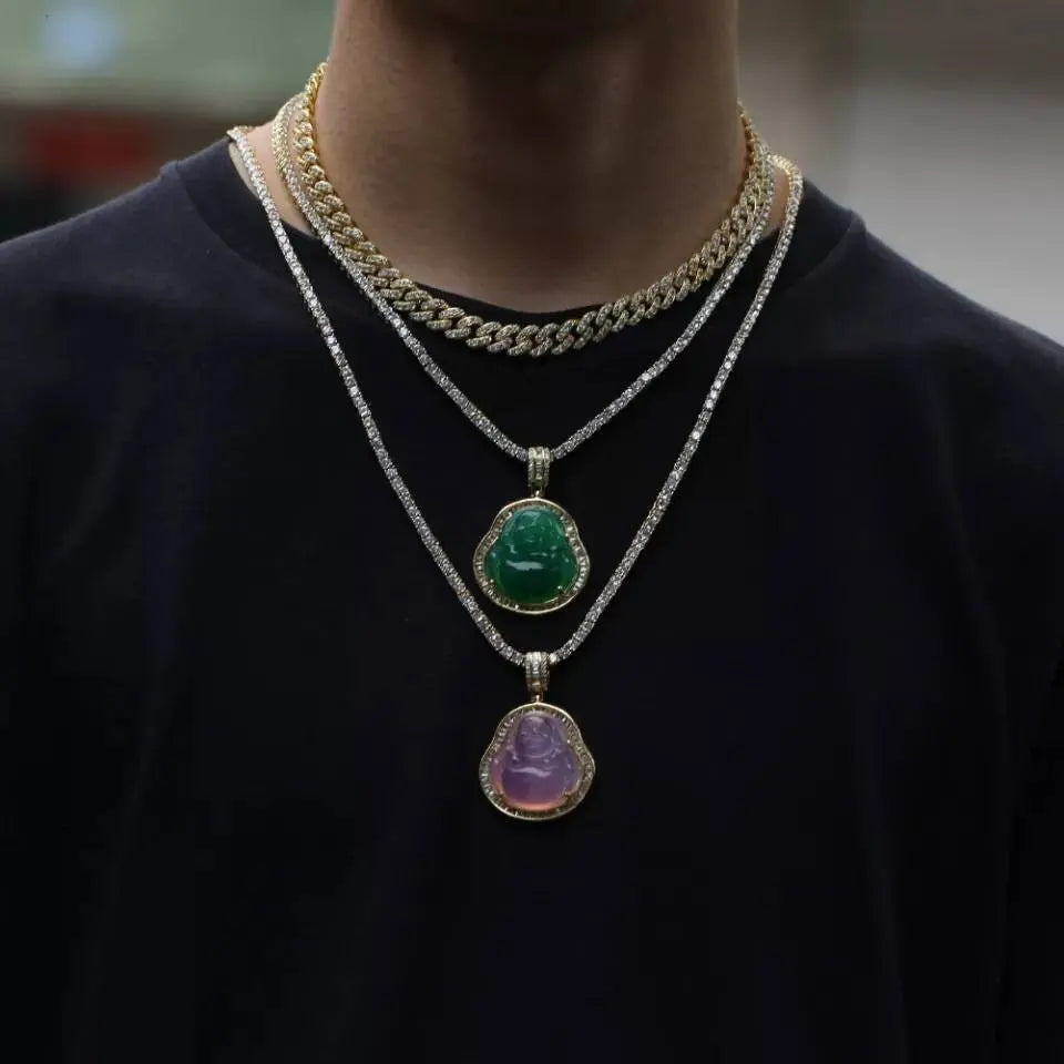 AAA Cubic Zirconia Gold Buddha Pendant Green Jade Buddha  Necklace Iced Out Bling  Laughing Buddha Pendant Necklace