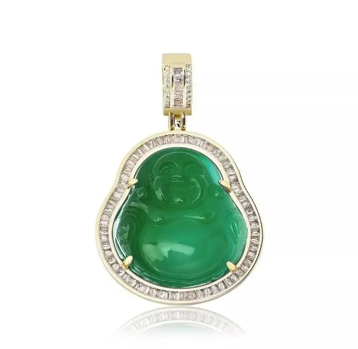 AAA Cubic Zirconia Gold Buddha Pendant Green Jade Buddha  Necklace Iced Out Bling  Laughing Buddha Pendant Necklace