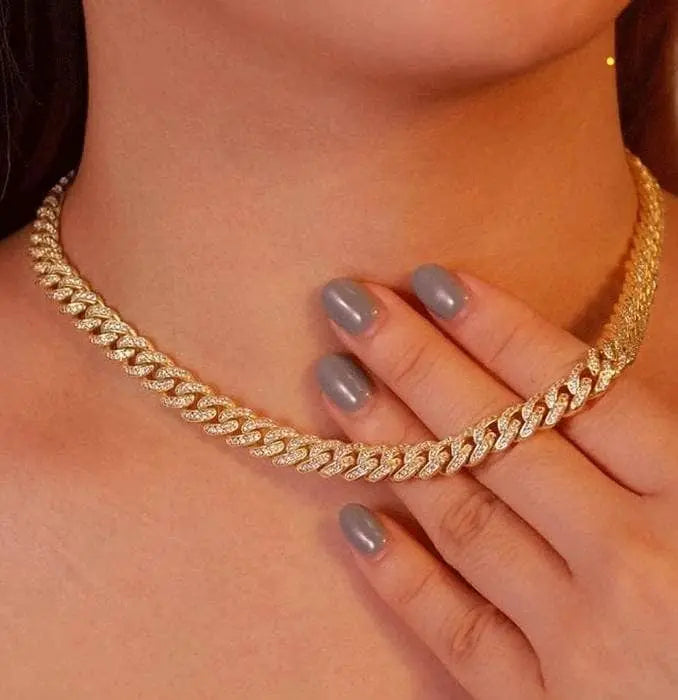 Baguette Chain Female Diamond Gold Silver Miami Cuban Necklace Iced Out Chain 8mm Hip Hop Rapper Jewelry 18 Inches - JettsJewelers