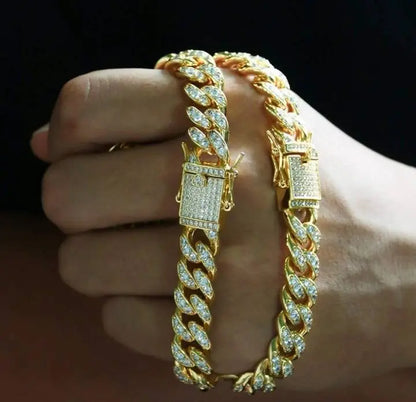 Baguette Chain Female Diamond Gold Silver Miami Cuban Necklace Iced Out Chain 8mm Hip Hop Rapper Jewelry 18 Inches - JettsJewelers