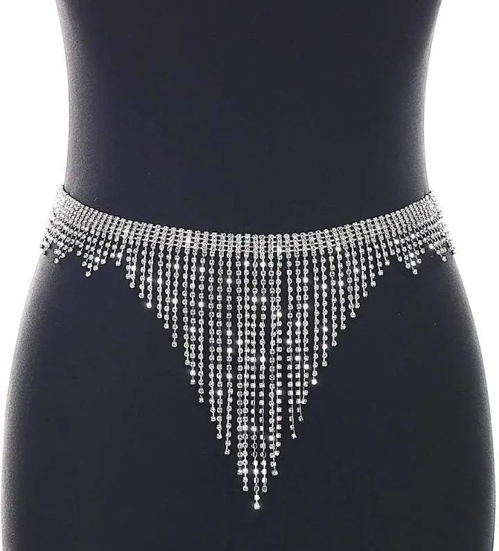 Boho Rhinestone Body Chain Silver Shiny Crystal Underwear Waist Chain Tassel Bikini Panties Nightclub Body Jewelry Accessories for Women - JettsJewelers