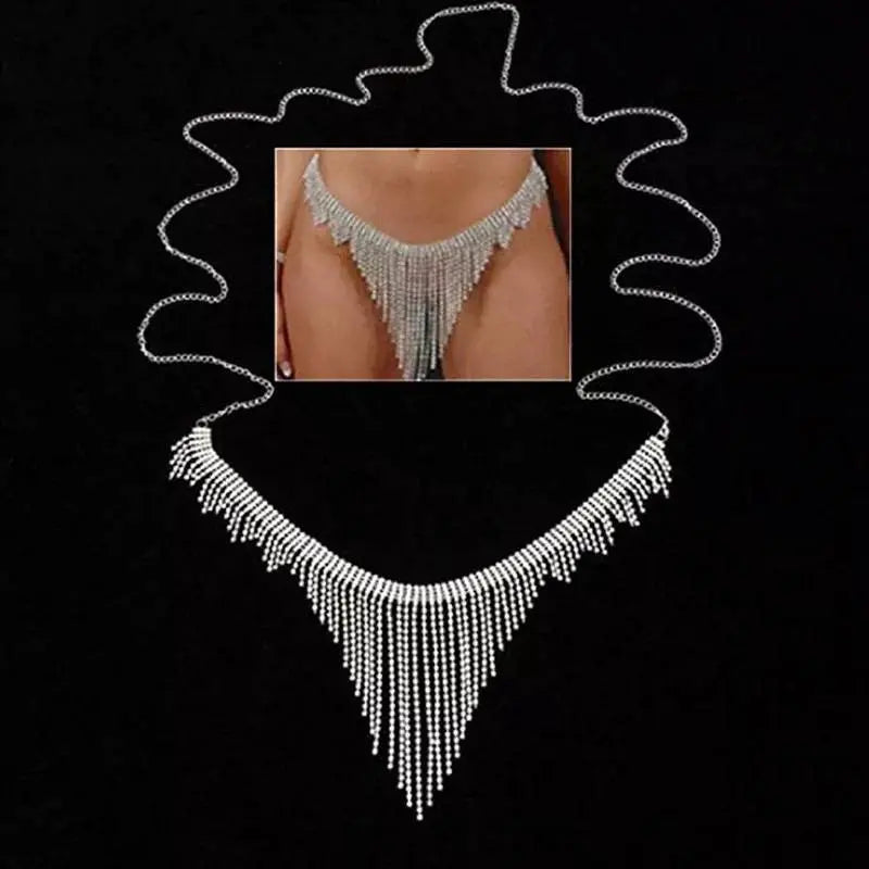 Boho Rhinestone Body Chain Silver Shiny Crystal Underwear Waist Chain Tassel Bikini Panties Nightclub Body Jewelry Accessories for Women - JettsJewelers