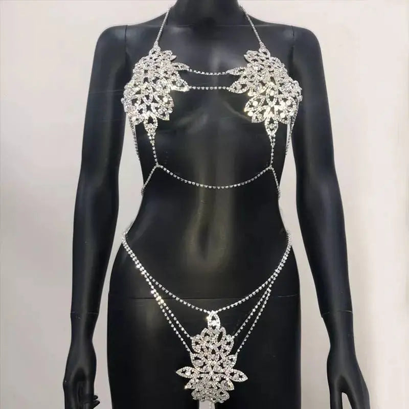 Bra Bikini Set Crystal Tassel Body Chains Belly Dance Skirts Rhinestones Boho Rhinestone Statement Chest Chain Shiny Crystal Body Jewelry - JettsJewelers