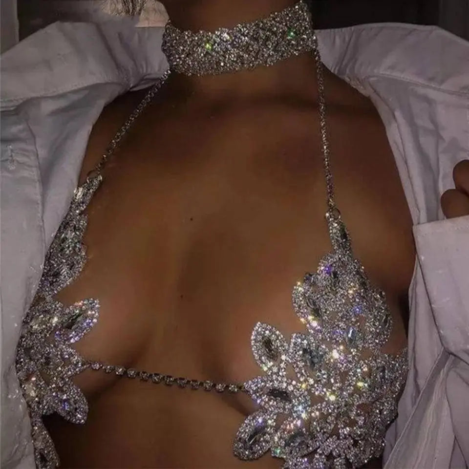 Bra Bikini Set Crystal Tassel Body Chains Belly Dance Skirts Rhinestones Boho Rhinestone Statement Chest Chain Shiny Crystal Body Jewelry - JettsJewelers