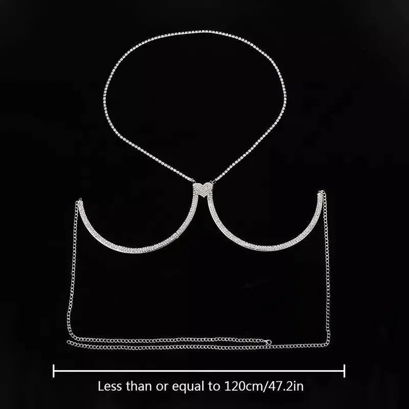 Bra Body Chain Sexy Bikini Silver Gold Beauty Red Heart Chest Rhinestone Bracket Bras Chain Nightclub and Partying Body Jewelry for Women JettsJewelers