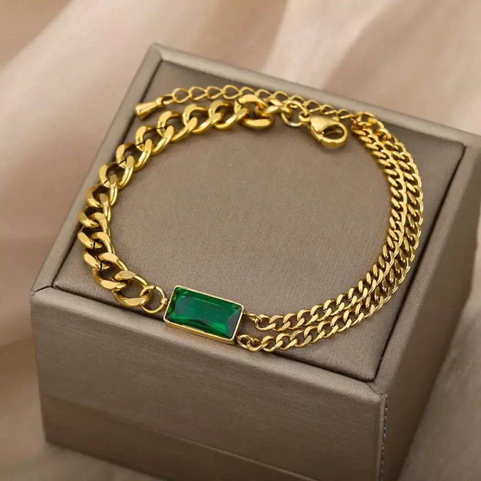 Bracelets for Women Gold Layered Bracelets for Women Girls |14K Gold Plated Delicacy Chain Square Emerald Crystal Adjustable Bracelet - JettsJewelers