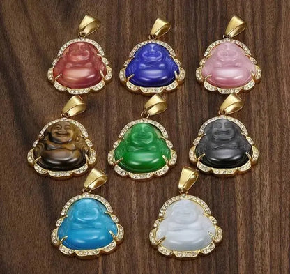 Buddha Pendant Green Jade Buddha Necklace Silver Iced Out Bling Cubic Zirconia Laughing Buddha Pendant Necklace - JettsJewelers