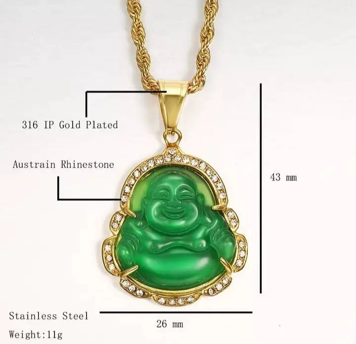 Buddha Pendant Green Jade Buddha Necklace Silver Iced Out Bling Cubic Zirconia Laughing Buddha Pendant Necklace - JettsJewelers