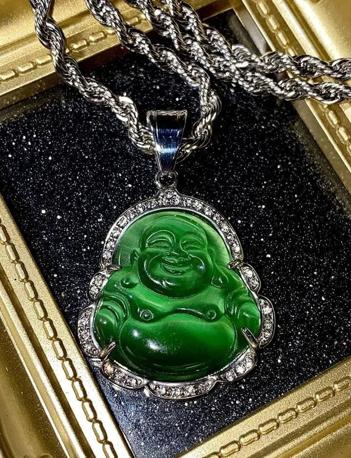 Buddha Pendant Green Jade Buddha Rope Necklace Silver Iced Out Bling Cubic Zirconia Laughing Buddha Pendant Necklace