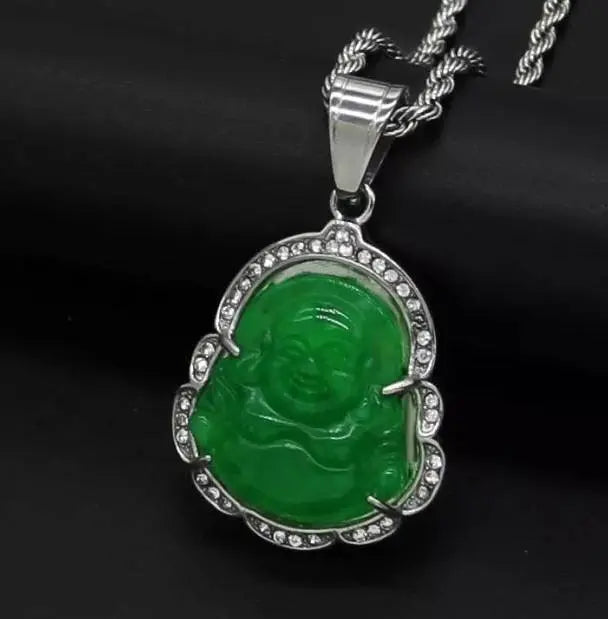 Buddha Pendant Green Jade Buddha Rope Necklace Silver Iced Out Bling Cubic Zirconia Laughing Buddha Pendant Necklace