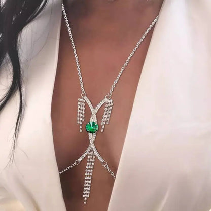 Cris Cross Green Gem Rhinestone Bra Body Chain Sexy Bikini Gold  Beauty Crystal Chest Bracket Bras Chain Nightclub Body Jewelry for Women JettsJewelers