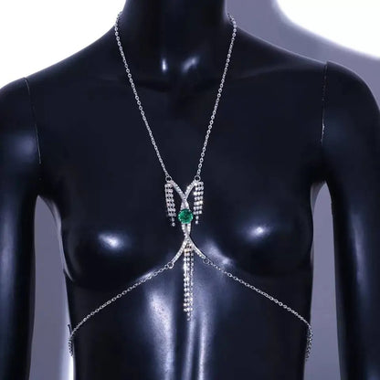 Cris Cross Green Gem Rhinestone Bra Body Chain Sexy Bikini Gold  Beauty Crystal Chest Bracket Bras Chain Nightclub Body Jewelry for Women JettsJewelers