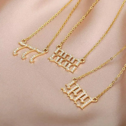 Cubic Zirconia Angel Number Necklace 111 222 333 444 555 666 777 888 999 Necklace Plated Old English Gold Number Stainless Steel Numerology JettsJewelers