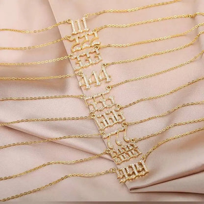 Cubic Zirconia Angel Number Necklace 111 222 333 444 555 666 777 888 999 Necklace Plated Old English Gold Number Stainless Steel Numerology JettsJewelers
