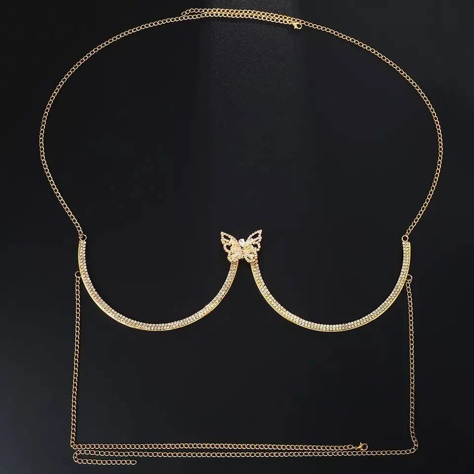 Cute Butterfly Rhinestone Bra Body Chain Sexy Bikini Gold  Beauty Crystal Chest Bracket Bras Chain Nightclub Body Jewelry for Women JettsJewelers