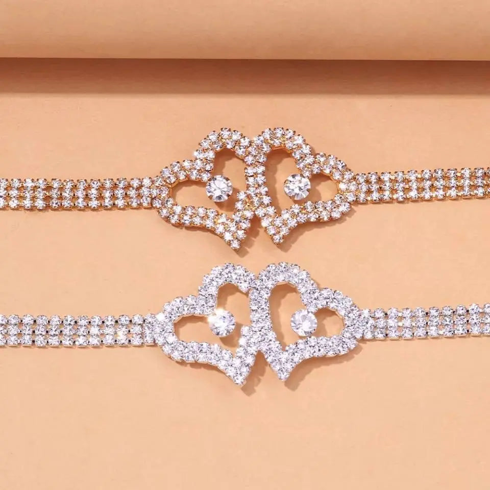 Cute Double Heart Rhinestones Anklet Foot Jewelry for Women Beach Barefoot Chain Bracelet On the Leg Accessories Gift - JettsJewelers