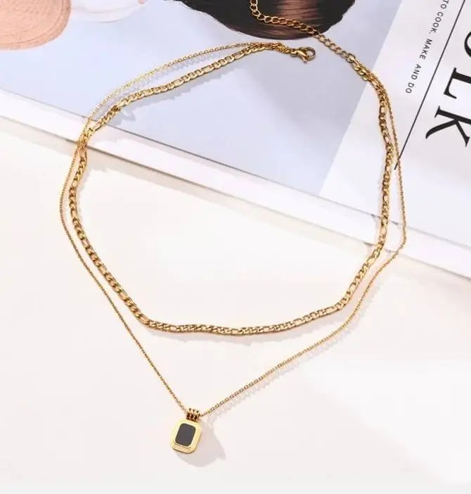 Dainty Layered Necklaces for Women Men, Gold Tone Stainless Steel Figaro Chain Choker, Geometric Square Pendant Collar - JettsJewelers