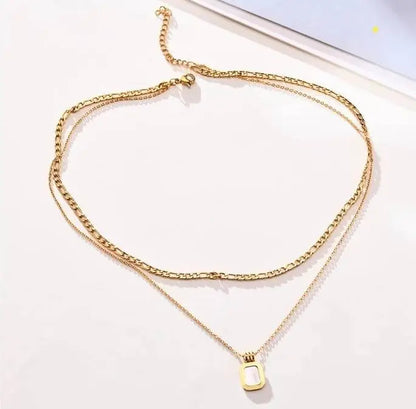 Dainty Layered Necklaces for Women Men, Gold Tone Stainless Steel Figaro Chain Choker, Geometric Square Pendant Collar - JettsJewelers