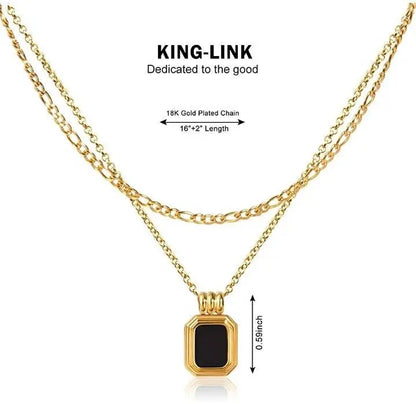 Dainty Layered Necklaces for Women Men, Gold Tone Stainless Steel Figaro Chain Choker, Geometric Square Pendant Collar - JettsJewelers