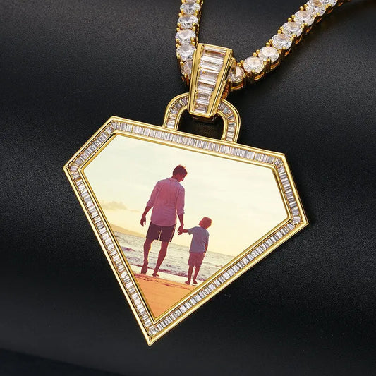 Diamond Photo Necklace with Engraving Personalized for Men Women, 18K Gold/Platinum Plated AAA CZ Medallion Customized Photo Pendant JettsJewelers