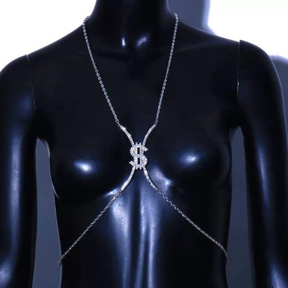 Dollar Sign Rhinestone Bra Body Chain Sexy Bikini Gold  Beauty Crystal Chest Bracket Bras Chain Nightclub Body Jewelry for Women JettsJewelers