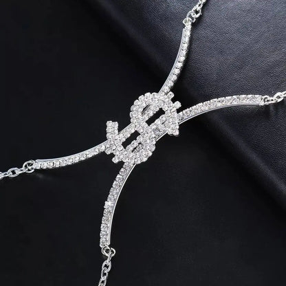 Dollar Sign Rhinestone Bra Body Chain Sexy Bikini Gold  Beauty Crystal Chest Bracket Bras Chain Nightclub Body Jewelry for Women JettsJewelers