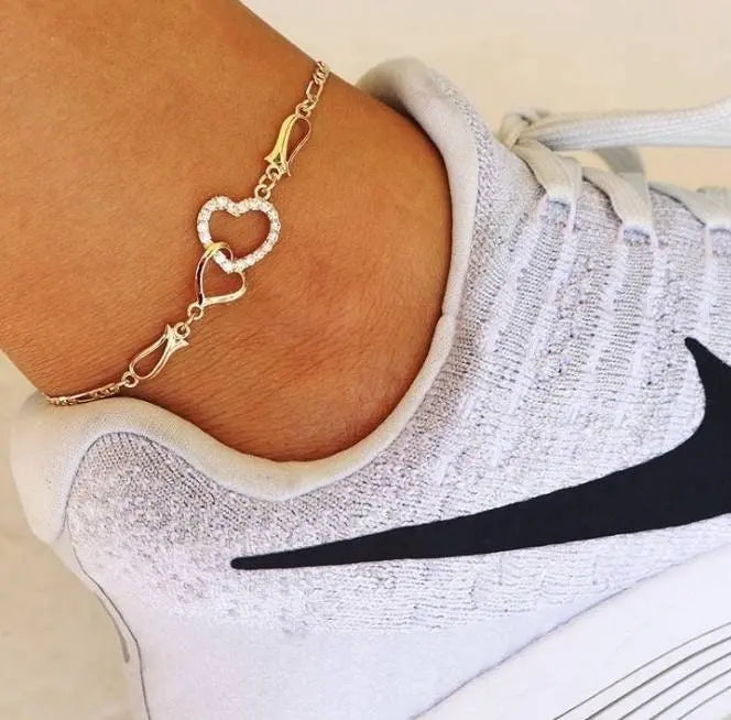 Double Heart Ankle For Women Bracelet Gold Silver Color Crystal Barefoot Beach Accessories Anklet Leg Chain jewelry Gift JettsJewelers
