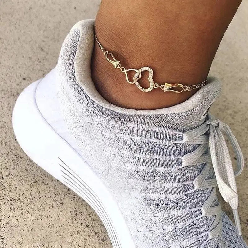 Double Heart Ankle For women Bracelet Silver Color Crystal Barefoot Beach Accessories Anklet Leg Chain jewelry Gift - JettsJewelers