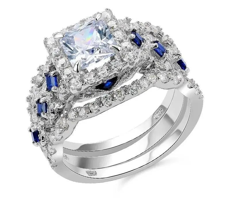 Engagement Wedding Ring Set 925 Sterling Silver 3pcs 2.5ct Princess White Cz Blue Size 4-13 - JettsJewelers