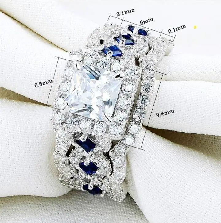 Engagement Wedding Ring Set 925 Sterling Silver 3pcs 2.5ct Princess White Cz Blue Size 4-13 - JettsJewelers