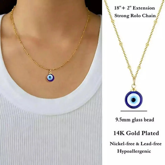 Evil Eye Necklace Chain Blue Eyes Amulet Pendant Necklace Ojo Turco Kabbalah Protection Adjustable Delicate Jewelry Gift for Women Girls - JettsJewelers